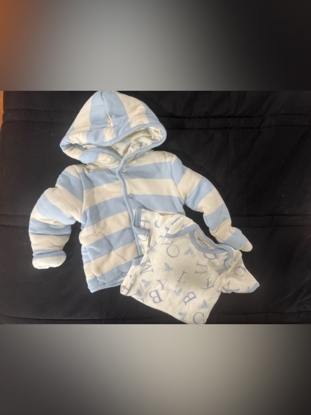 Burt's Bees Blue and Cream Striped Hooded One-Piece Set
